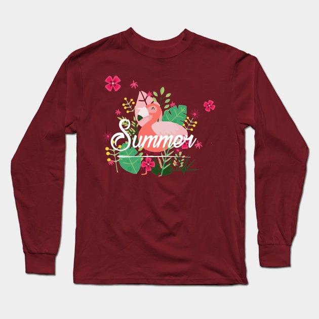 Tropical flamingo and Flowers Summertime Long Sleeve T-Shirt by florya